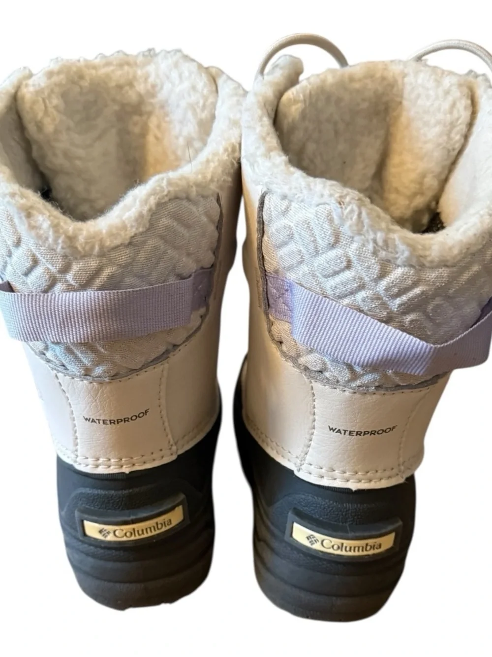 Columbia Kids White and Black Insulated Snow Boots with Lavender Accents